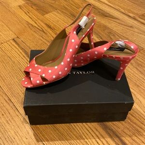 Ann Taylor Katy Peep-Toe Slingback in Guava Juice- pink polka dot